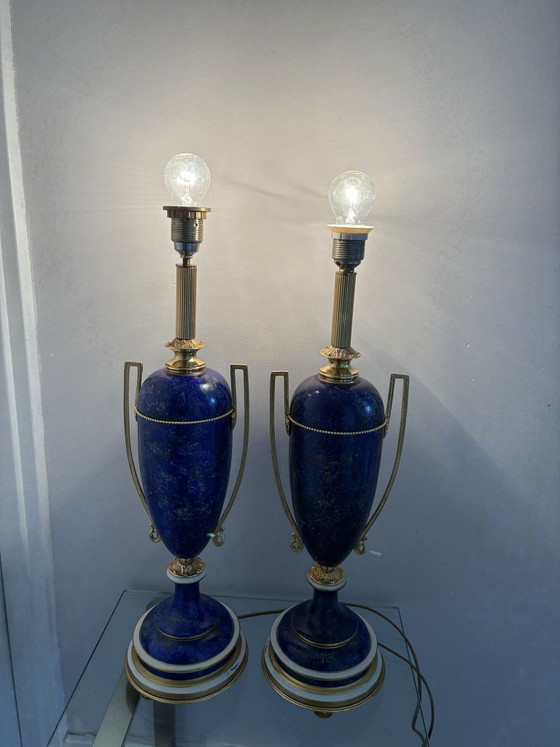 Pair of Giulia Mangani Cobalt Blue Porcelain Table Lamps, 1990s, Brass (photo 8 of 8)