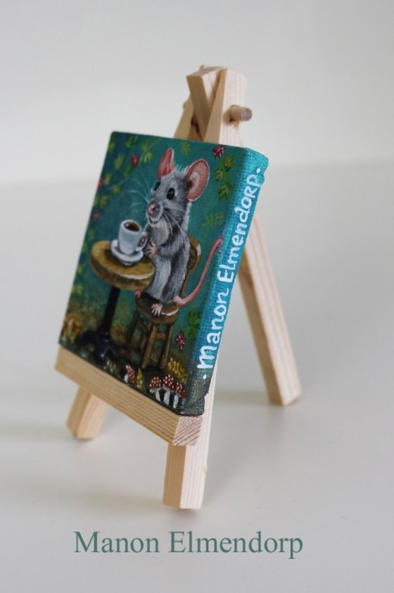 Image 1 of Unique Hand-Painted Little Mouse Cafe Painting, Signed