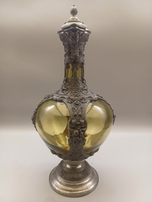 Antica brocca in stile rinascimentale in peltro e vetro, Germania, 1880