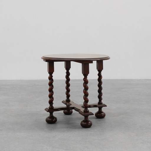 Rustic round barley twist oak side table, France 1950s