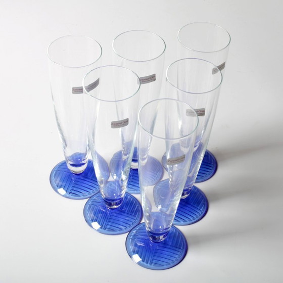 Set van 6 Vintage Glazen met Blauwe Voet / Zeldzame Hoge Tumblers / Zwiesel Glas / Duitsland / Jaren 90 (photo 6 of 11)