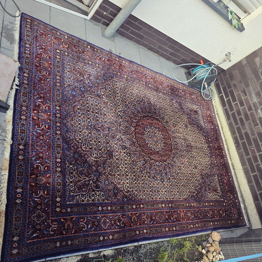Tappeto orientale persiano antico originale Isfahan annodato a mano 300x205cm in ottime condizioni, seta su lana nuova, unico ne