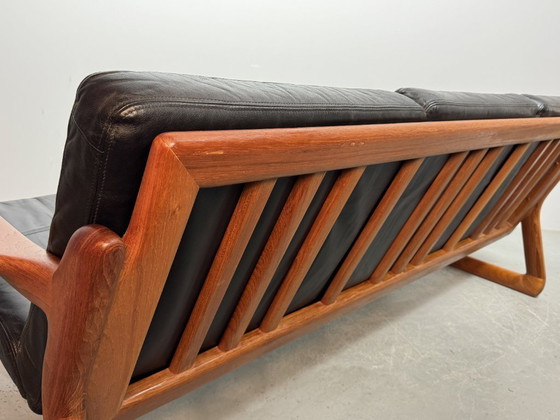 Image 1 of Mid-Century Design Komfort Solid Teak Wooden 3-Seat Sofa with Black Leather Cushions Attributed to Sven Ellekaer by Komfort