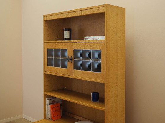Danish Oak Bookcase by Henning Kjærnulf with Glass Doors and Geometric Panels, 1960s – Wood (photo 14 of 21)