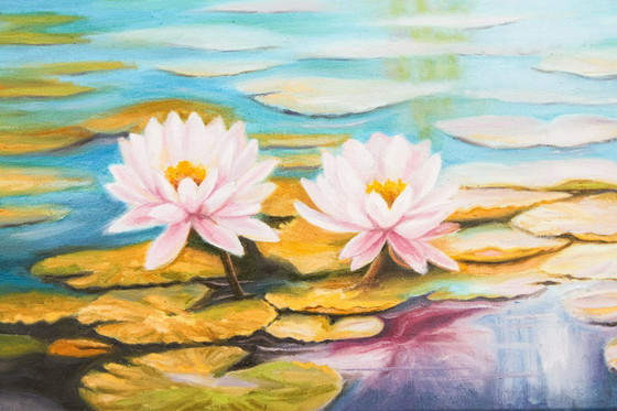 Image 1 of Cuadro de nenúfares pintado al óleo firmado por el autor. Nenúfares al óleo sobre lienzo. Flores acuáticas pintadas a mano.