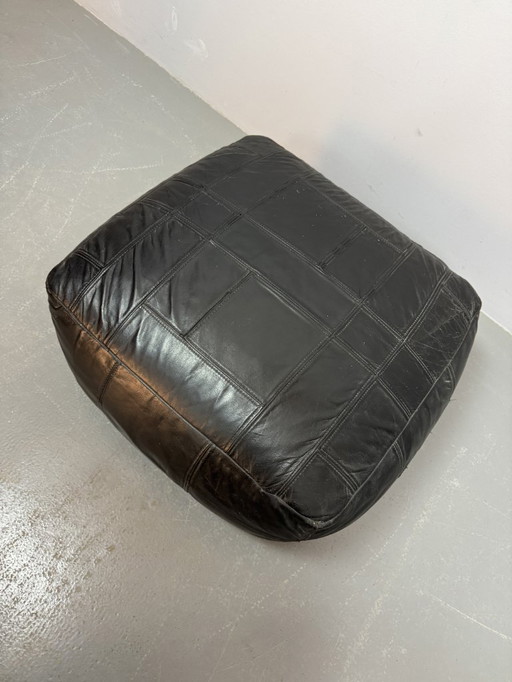 High Quality Big Black Patched Leather Pouf in Style of De Sede, 1960s.