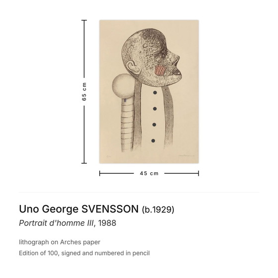 Uno George SVENSSON Signed Lithograph Portrait d'Homme III 1988 – Lithographs & prints, Paper (photo 3 of 5)