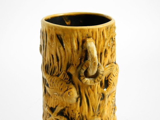 Image 1 of Beautiful large handmade glazed ceramic floor vase, handled vase with maritime fish and starfish motifs | Mid Century Modern