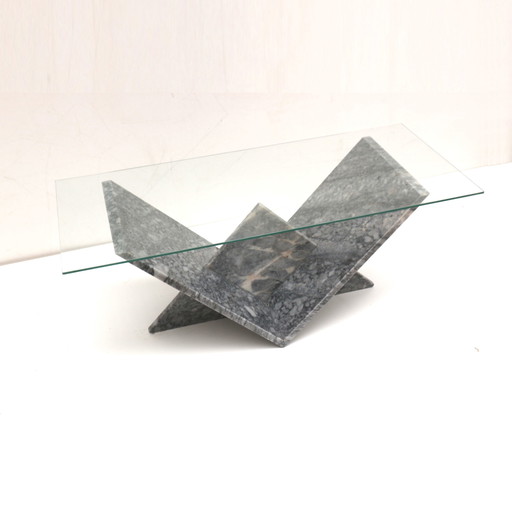 Table basse vintage en verre et marbre