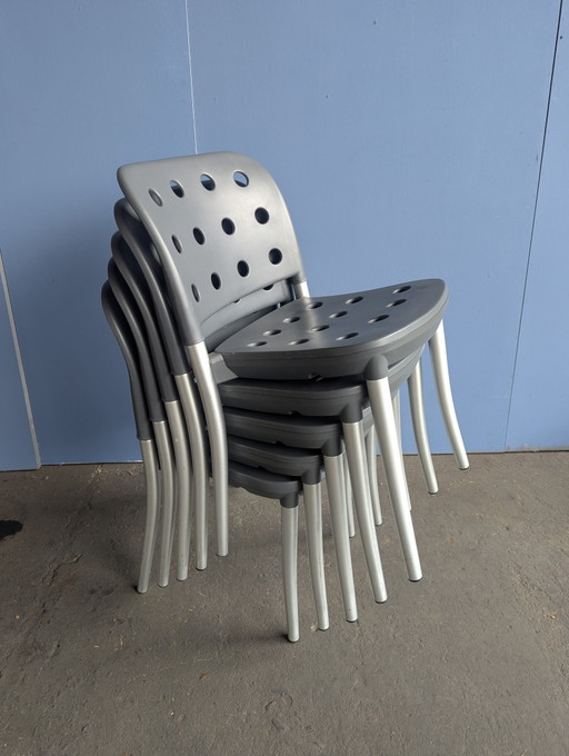 Set 5 Halifax Stapel-Esszimmerstühle, Alu/ 1990er – eetkamerstoelen, Aluminium, Plastic (photo 2 of 11)