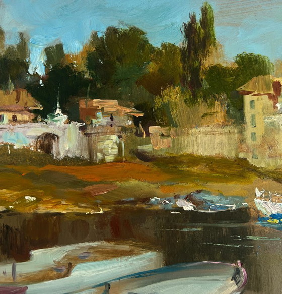 Image 1 of Original Oil Painting Summer Coastal Landscape City boat ferry
