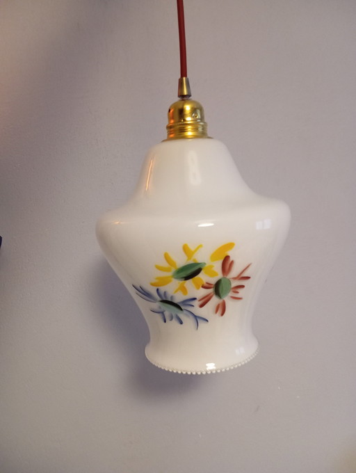 White Opaline Hanging lamp Floral design, 60'S