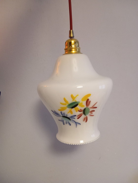 Image 1 of White Opaline Hanging lamp Floral design, 60'S