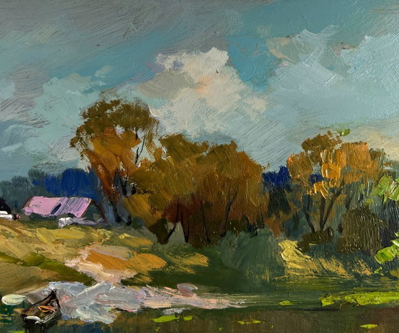 Image 1 of Original Oil Painting Summer River Landscape Crossing to the other bank