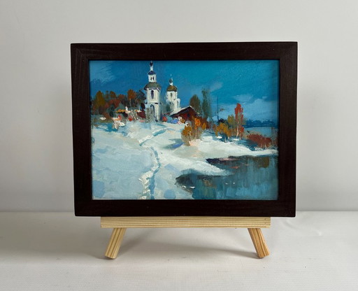 Origineel olieverfschilderij: Sneeuwdorplandschap. De eerste sneeuw viel.