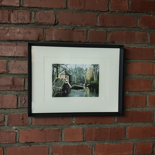 Gesigneerde en genummerde kunstprint – Luc Verbist (12/100) – Vlaams landschap met brug