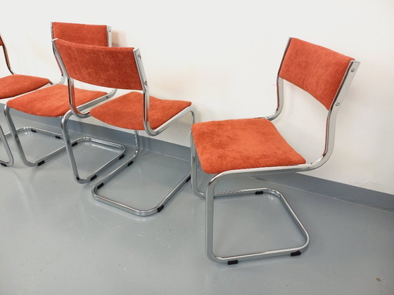 Image 1 of Suite of 4 vintage cantilever chairs in chromed metal and fabric from the 70s