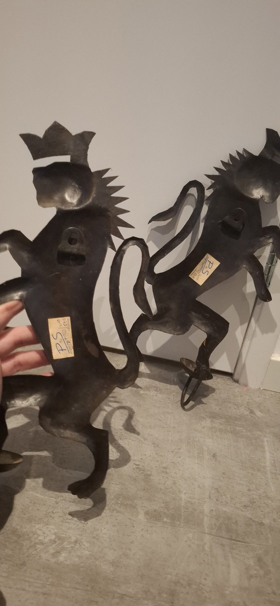 Image 1 of Set of 2 Rare Antique Wrought Iron Wall Sconces - Exclusive Antique Lions