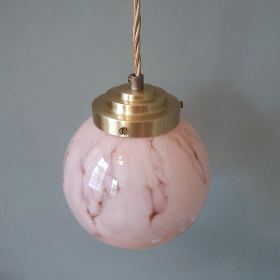 Antieke / Vintage Art Deco Hanglamp - Opaline Roze Gemarmerde Bol – Hanglampen, Metal (photo 15 of 18)