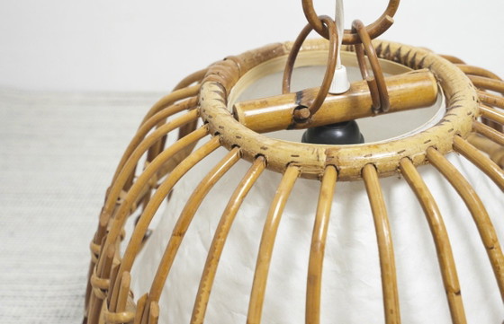 Image 1 of Vintage Rattan Bell Pendant Lamp, Louis Sognot Style Cane Ceiling Light, French Riviera Mediterranean Decor