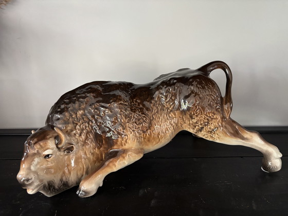 Image 1 of Large 43cm Vintage Porcelain Bison Figure, Mid 20th Century