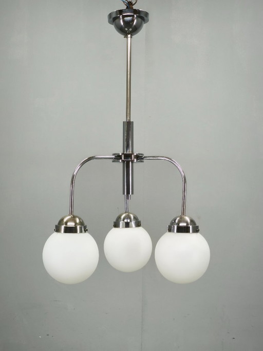1940s Czech Bauhaus Chandelier with Opaline Glass Globes