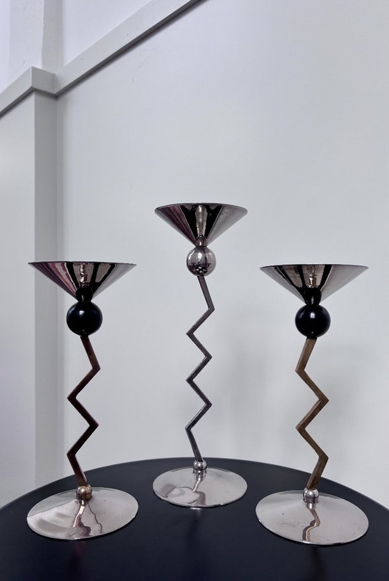 Image 1 of Set of three Zig-Zag vintage candle holders | Italy | 80s Memphis Milano inspired, postmodern Italian Design, Metal