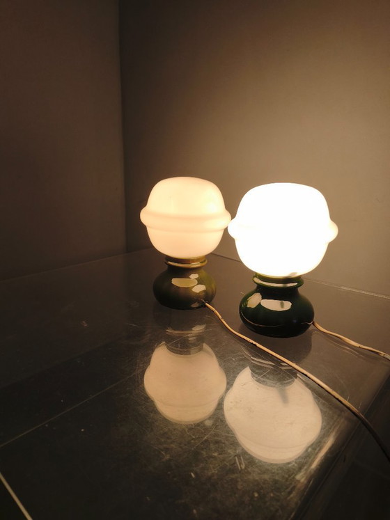 Image 1 of Pair Czech 1970s Milk Glass and Green Ceramic Table Lamps