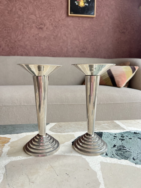 Beautiful Set of Original Art Deco Candlesticks – Chrome – 1930s – Bauhaus Style – Decorative Objects (photo 4 of 8)
