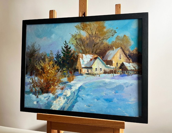 Image 1 of Pintura al óleo original Paisaje de pueblo nevado Montones de nieve invernales cerca de la casa