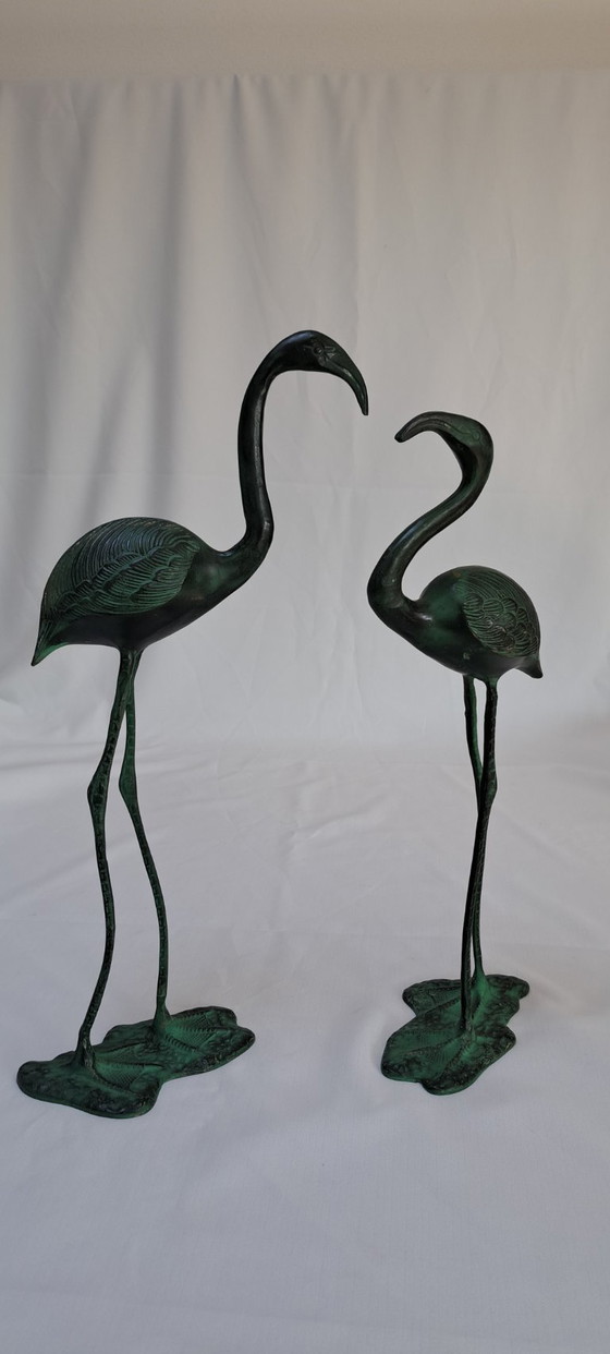 Due sculture di fenicotteri in ottone patinato verde, Oggetti decorativi, 1980 (foto 10 di 16)
