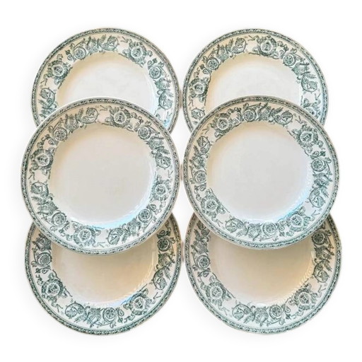Lot de 6 assiettes plates anciennes Longwy "Talma" en terre de fer - XXe siècle
