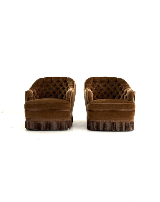 Set Van 2 Vintage Velours Fauteuil, Frankrijk ‘60 – Wood, Textile (photo 2 of 10)