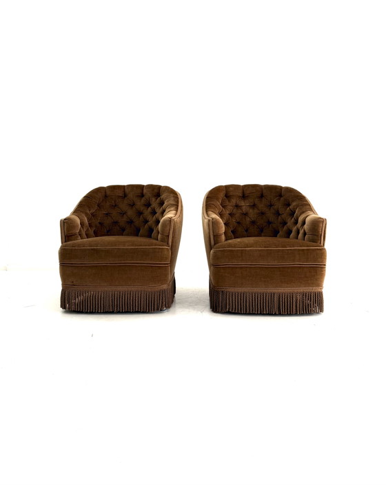 Set Van 2 Vintage Velours Fauteuil, Frankrijk ‘60 – Wood, Textile (photo 2 of 10)