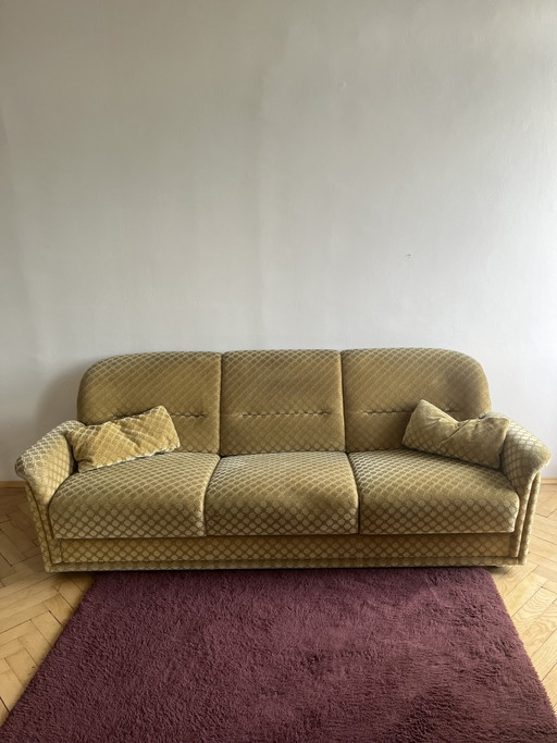 Vintage Deense driezitsbank – banken, Metal, Textile