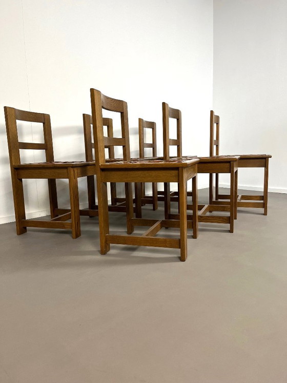 Image 1 of 6 Brutalist oak chairs with leather seat