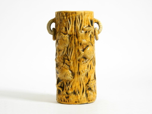 Beautiful large handmade glazed ceramic floor vase, handled vase with maritime fish and starfish motifs | Mid Century Modern