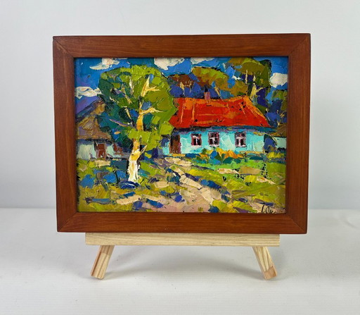 Original Oil Painting Day Village Landscape Village under summer