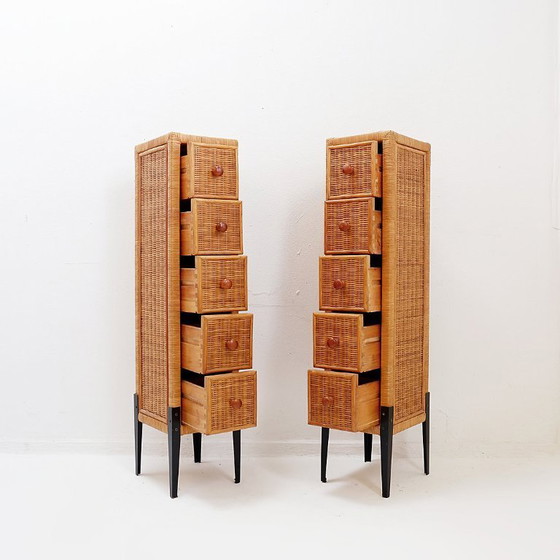 Image 1 of Pair of small vintage wicker chests of drawers with five drawers