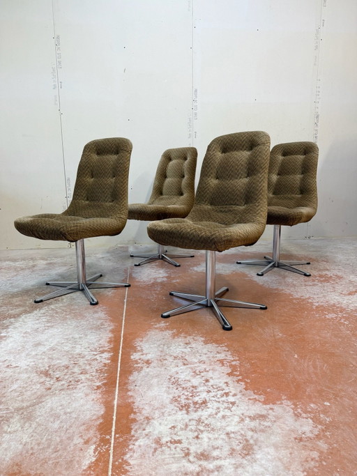 Set di 4 sedie girevoli di design Space Age in cromo e tessuto chevron marrone vintage anni '60