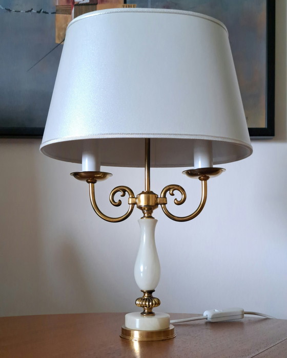 Image 1 of Vintage Brass Table Lamp with White Shade – Hollywood Regency Style