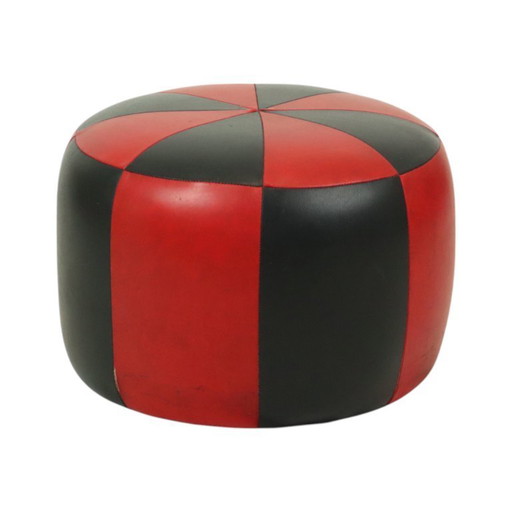 Runder Vintage Pouf in Rot und Schwarz