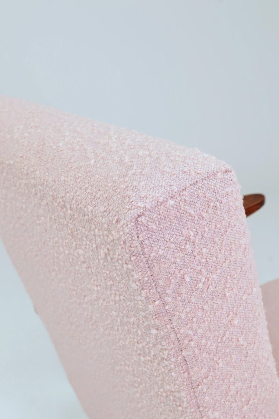 Image 1 of Mid Century Armchair Peony Color Boucle Scandinavian Design Wooden Lounge Chair