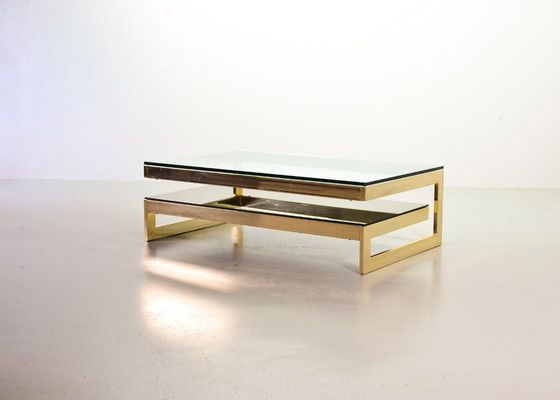 Image 1 of Hollywood Regency Belgo-Chrom Architectural G-Table 23-Carat Goldplated with Glass Tops. Belgium, 1970s. 