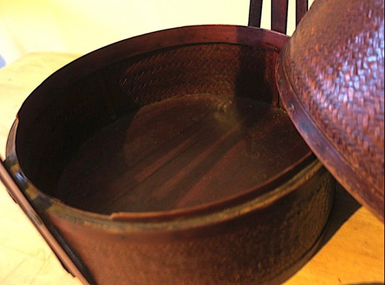 Image 1 of Antieke mand van hout en rotan met 3 vakken, 1900