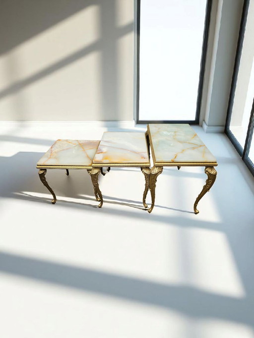 Mid - Century Hollywood Regency brass onyx 3 set tables side tables 1960s