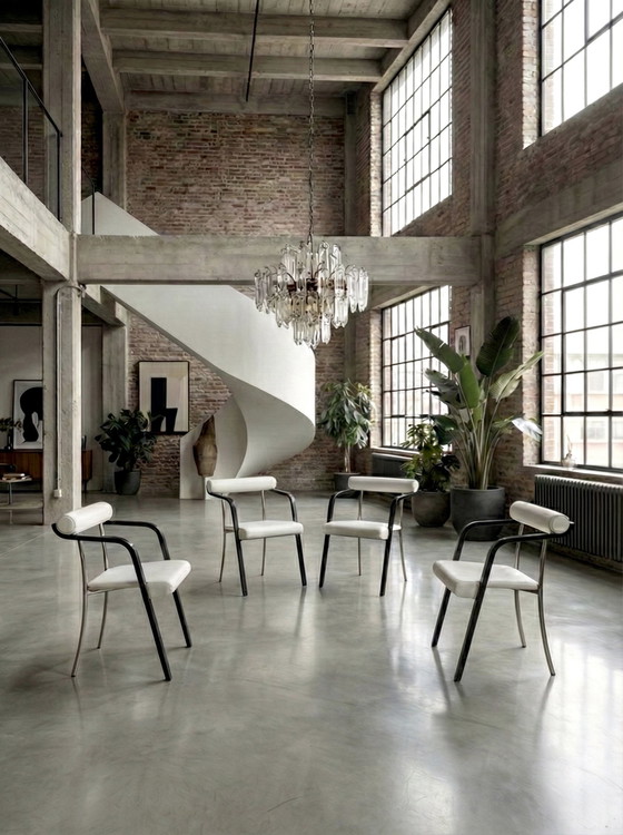 Image 1 of 4x DINING ROOM CHAIRS ITALY LEATHER WHITE WOOD BLACK METAL 1980s