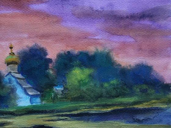 Original Watercolor Painting Nature Landscape Meadow Church Morning over the River – Paintings & Drawings (photo 5 of 7)