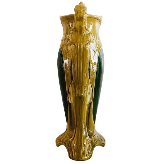 Image 1 of Antique XL Art Nouveau Barbotine vase green ceramic Majolica 1900's