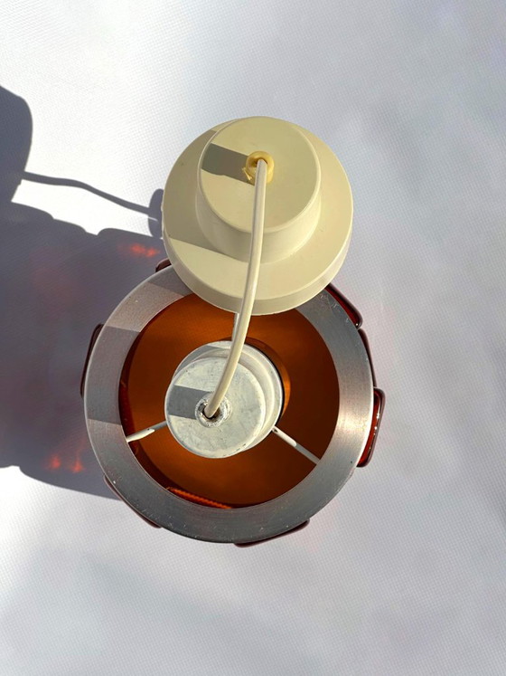 Erik Höglund & Einar Bäckström pendant lamp, red glass inserts, 1970s, Orrefors, Aluminium, Silver (photo 4 of 5)